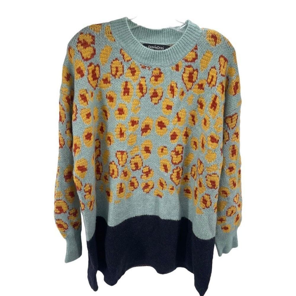 Davi & Dani Womens Animal Print Sweater Balloon Long Sleeve  Blue Yellow 2XL